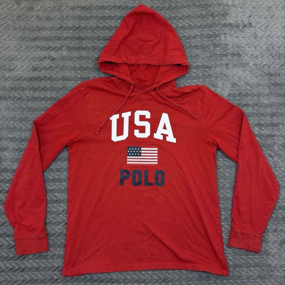 Polo Ralph Lauren Hoodie Men Medium Lightweight Drawstring Flag USA Pullover
